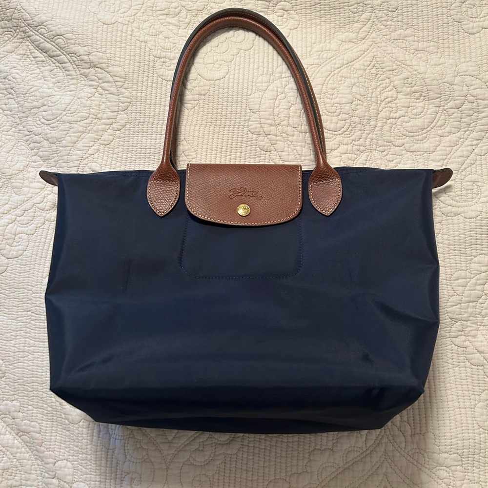 Longchamp Blue and Brown Tote Bag with Leather Accents NEW!